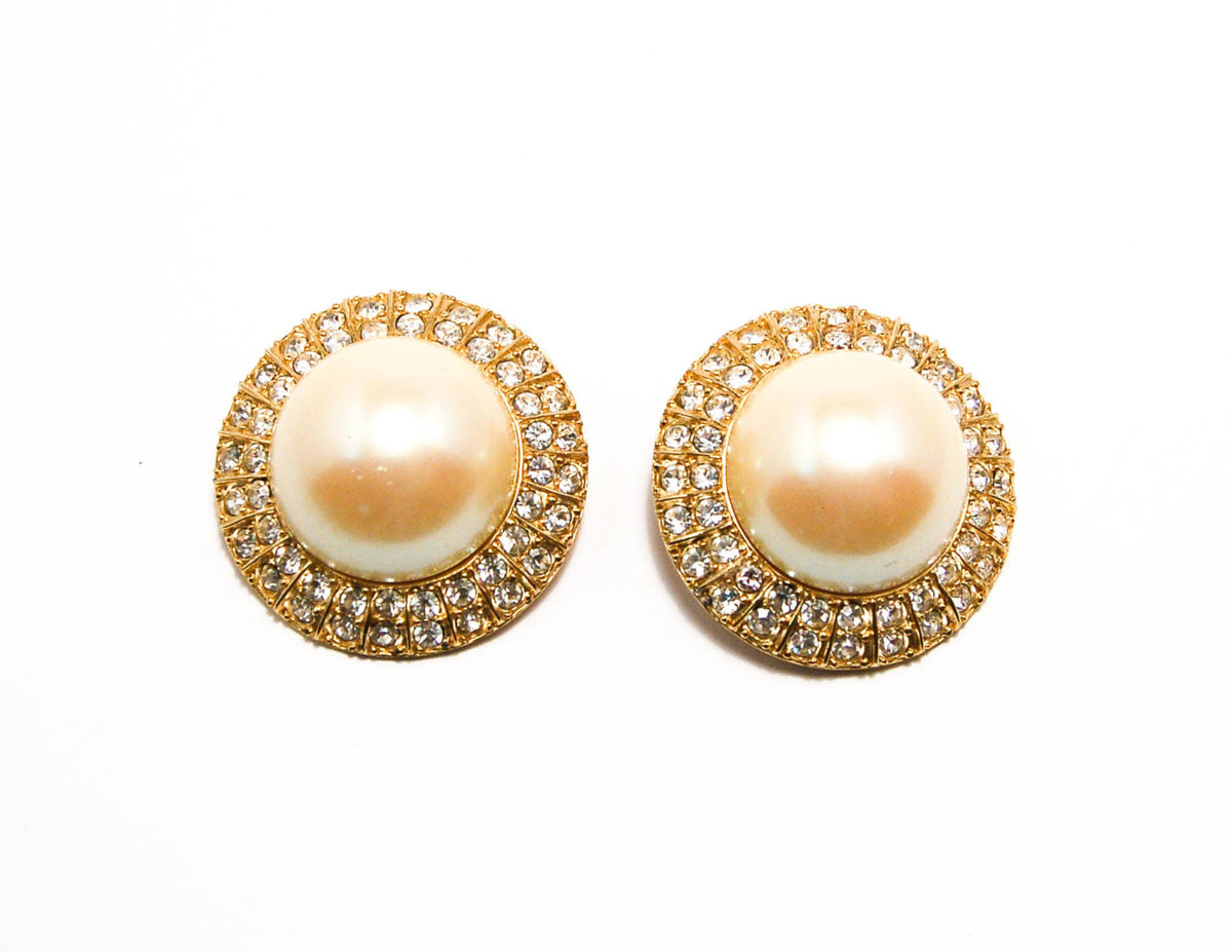1980s Les Bernard Massive Runway Style Earrings Gold Tone Faux Pearls Rhinestones