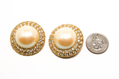 1980s Les Bernard Massive Runway Style Earrings Gold Tone Faux Pearls Rhinestones by Les Bernard - Vintage Meet Modern Vintage Jewelry - Chicago, Illinois - #oldhollywoodglamour #vintagemeetmodern #designervintage #jewelrybox #antiquejewelry #vintagejewelry
