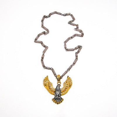 Vintage Designer Couture Runway Style  Massive Spread Eagle Wing Pendant Statement Necklace Silver Gold Tone Rhinestones Barrel Chain by 1980s - Vintage Meet Modern Vintage Jewelry - Chicago, Illinois - #oldhollywoodglamour #vintagemeetmodern #designervintage #jewelrybox #antiquejewelry #vintagejewelry
