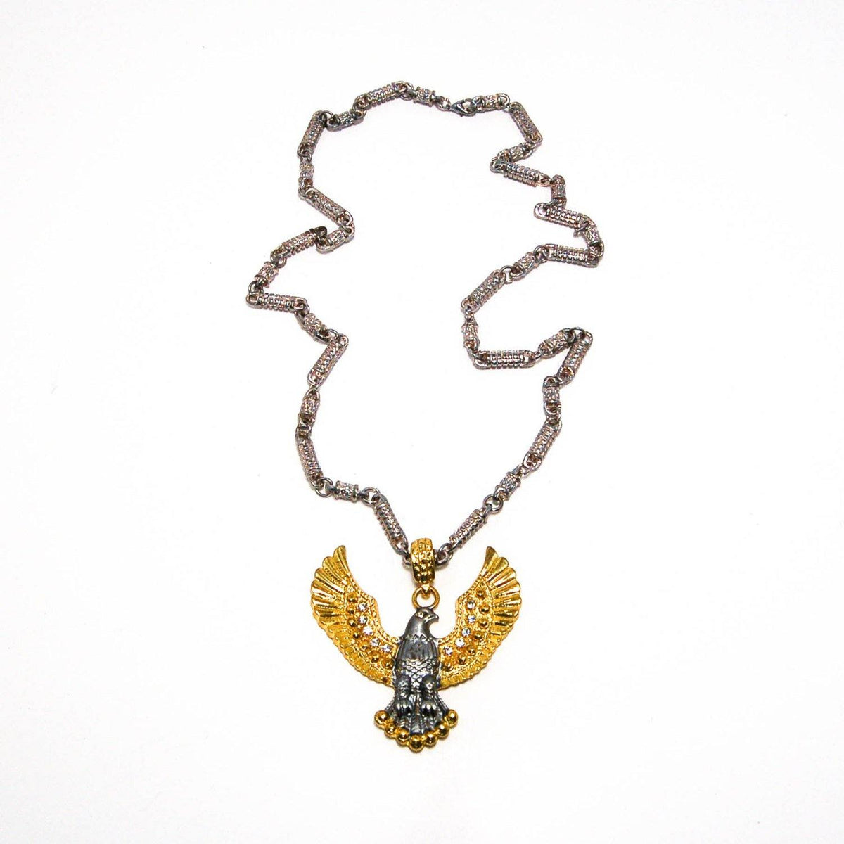 Vintage Designer Couture Runway Style  Massive Spread Eagle Wing Pendant Statement Necklace Silver Gold Tone Rhinestones Barrel Chain