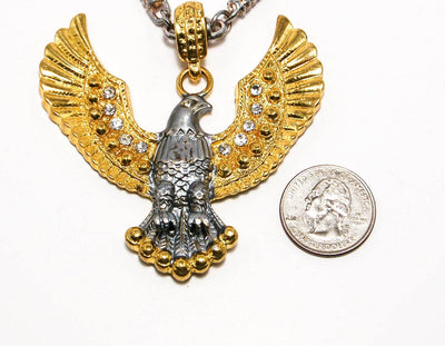Vintage Designer Couture Runway Style  Massive Spread Eagle Wing Pendant Statement Necklace Silver Gold Tone Rhinestones Barrel Chain by 1980s - Vintage Meet Modern Vintage Jewelry - Chicago, Illinois - #oldhollywoodglamour #vintagemeetmodern #designervintage #jewelrybox #antiquejewelry #vintagejewelry