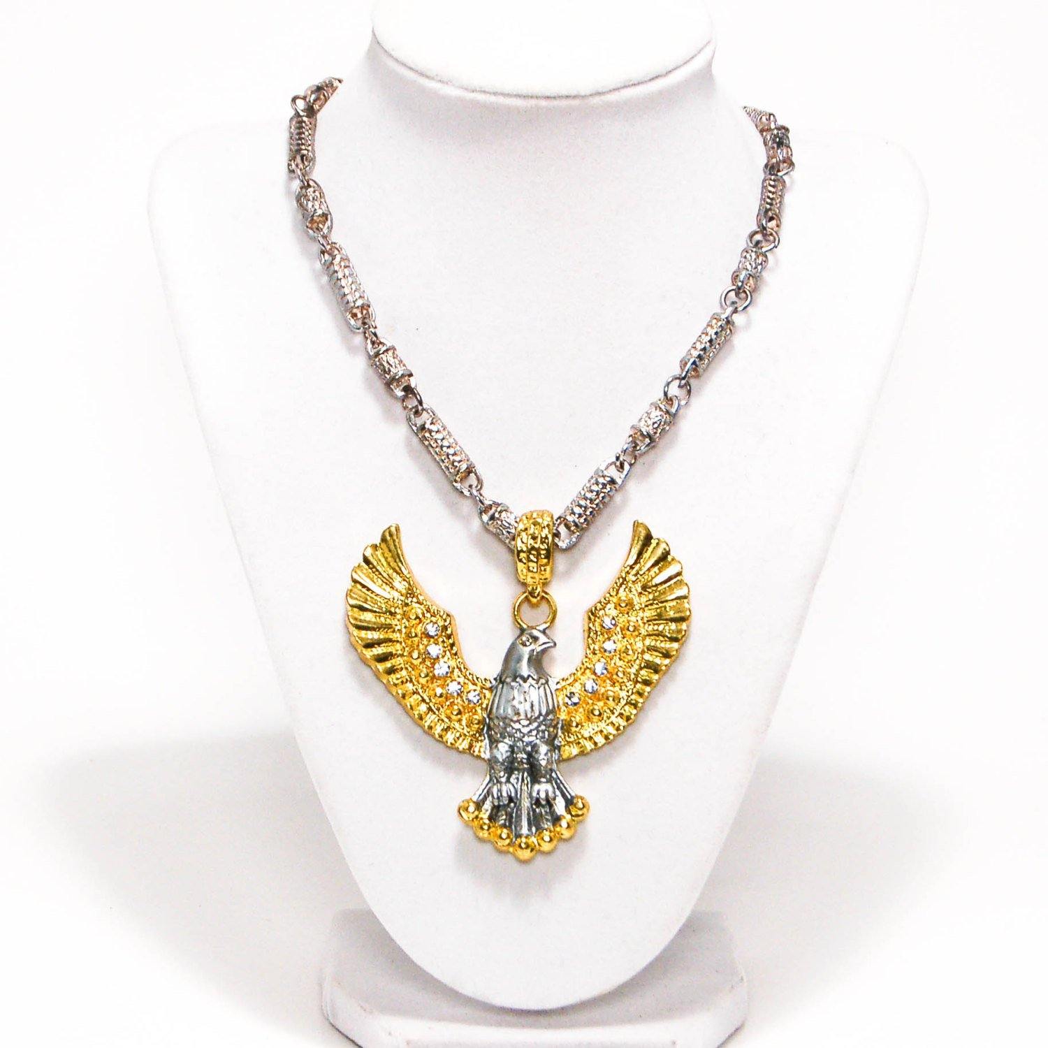 Vintage Designer Couture Runway Style  Massive Spread Eagle Wing Pendant Statement Necklace Silver Gold Tone Rhinestones Barrel Chain by 1980s - Vintage Meet Modern Vintage Jewelry - Chicago, Illinois - #oldhollywoodglamour #vintagemeetmodern #designervintage #jewelrybox #antiquejewelry #vintagejewelry