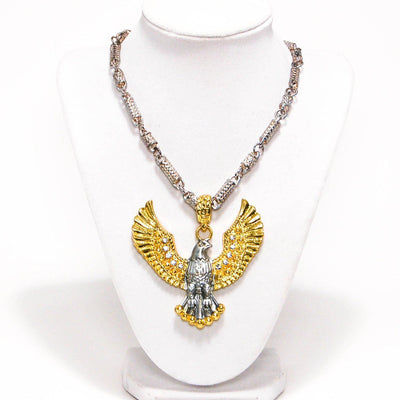 Vintage Designer Couture Runway Style  Massive Spread Eagle Wing Pendant Statement Necklace Silver Gold Tone Rhinestones Barrel Chain by 1980s - Vintage Meet Modern Vintage Jewelry - Chicago, Illinois - #oldhollywoodglamour #vintagemeetmodern #designervintage #jewelrybox #antiquejewelry #vintagejewelry