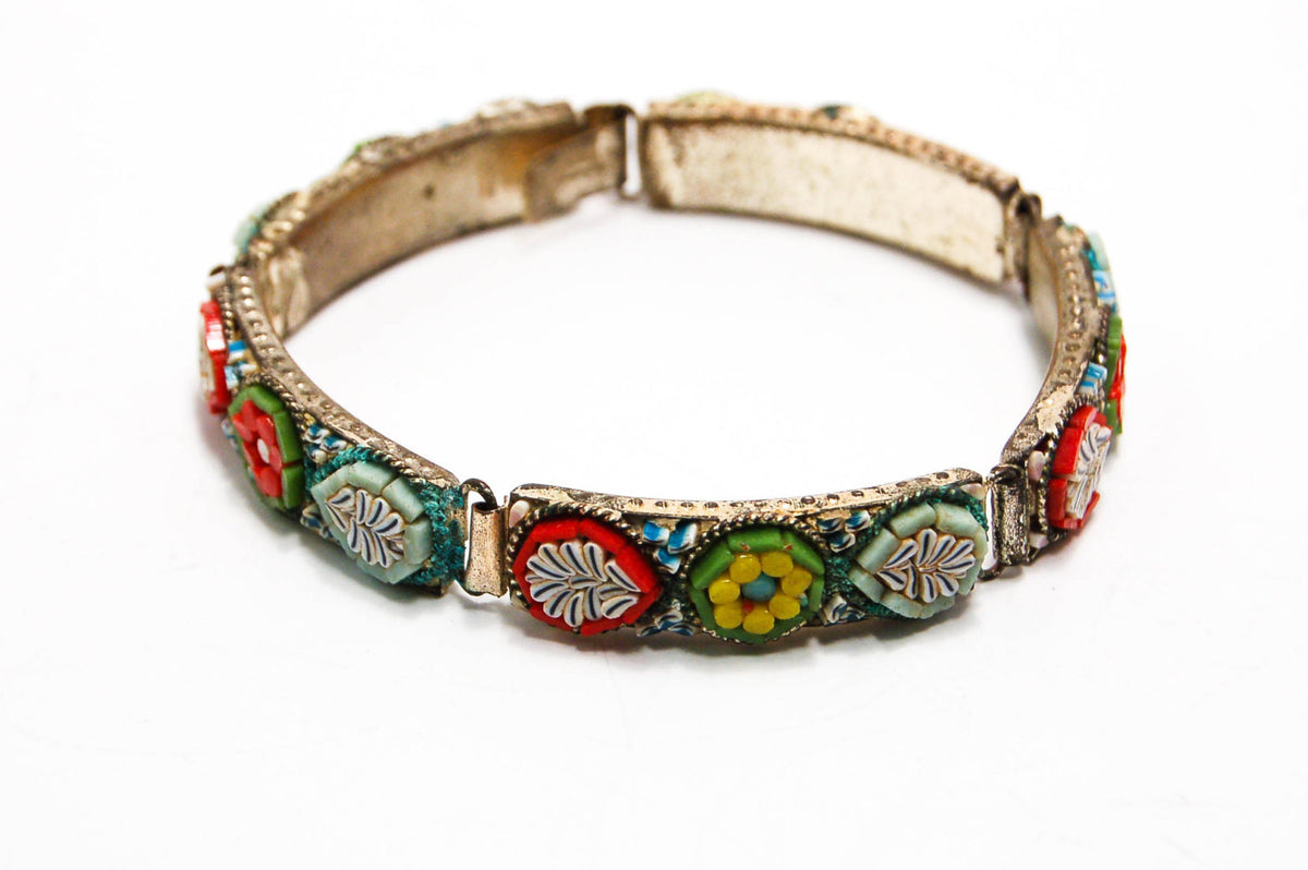 1920's Colorful Italian Mosaic Floral Panel Bracelet