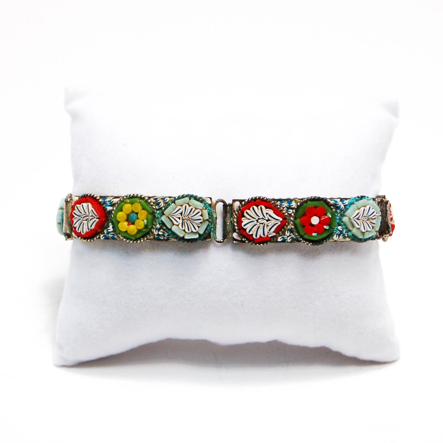 1920's Colorful Italian Mosaic Floral Panel Bracelet by 1920's - Vintage Meet Modern Vintage Jewelry - Chicago, Illinois - #oldhollywoodglamour #vintagemeetmodern #designervintage #jewelrybox #antiquejewelry #vintagejewelry