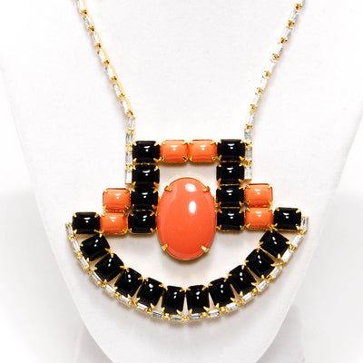 1970's Coral and Black Statement Necklace with Rhinestones by KJL by KJL - Vintage Meet Modern Vintage Jewelry - Chicago, Illinois - #oldhollywoodglamour #vintagemeetmodern #designervintage #jewelrybox #antiquejewelry #vintagejewelry
