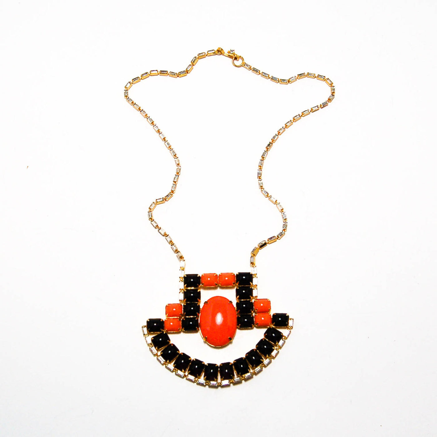 1970's Coral and Black Statement Necklace with Rhinestones by KJL