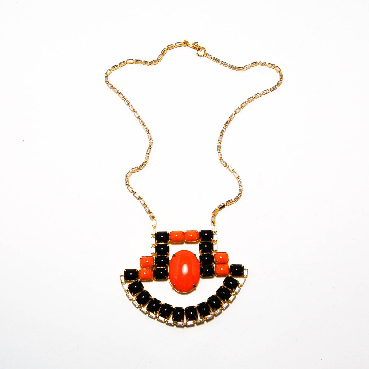 Vintage 1970'S CORAL AND BLACK STATEMENT NECKLACE WITH RHINESTONES BY KJL