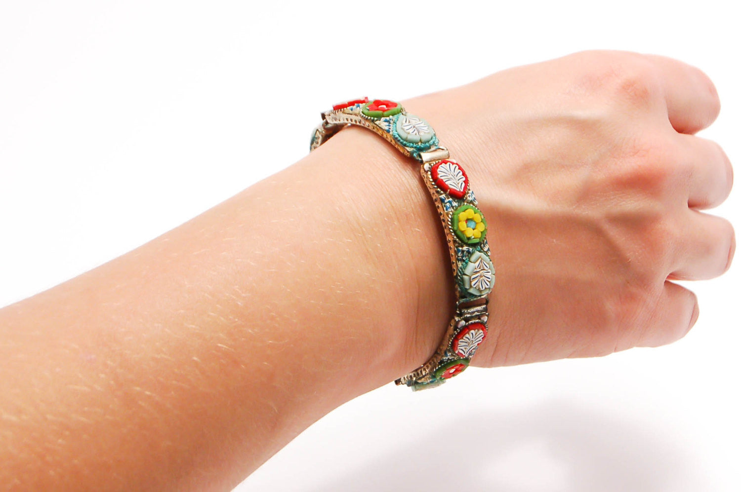 1920's Colorful Italian Mosaic Floral Panel Bracelet by 1920's - Vintage Meet Modern Vintage Jewelry - Chicago, Illinois - #oldhollywoodglamour #vintagemeetmodern #designervintage #jewelrybox #antiquejewelry #vintagejewelry