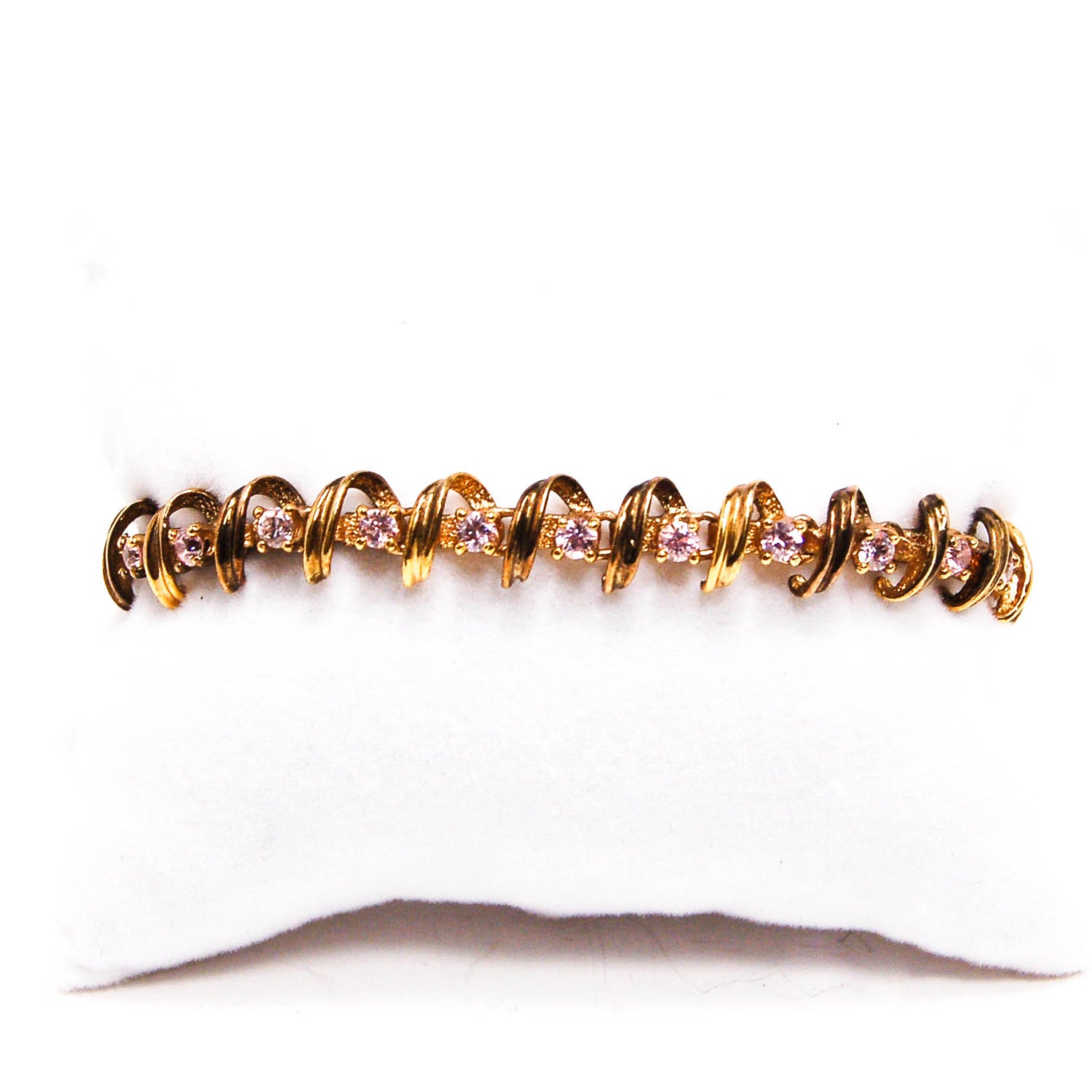 Pink Topaz Line Style Tennis Bracelet Gold over Sterling Silver by Sterling Silver and Gold - Vintage Meet Modern Vintage Jewelry - Chicago, Illinois - #oldhollywoodglamour #vintagemeetmodern #designervintage #jewelrybox #antiquejewelry #vintagejewelry