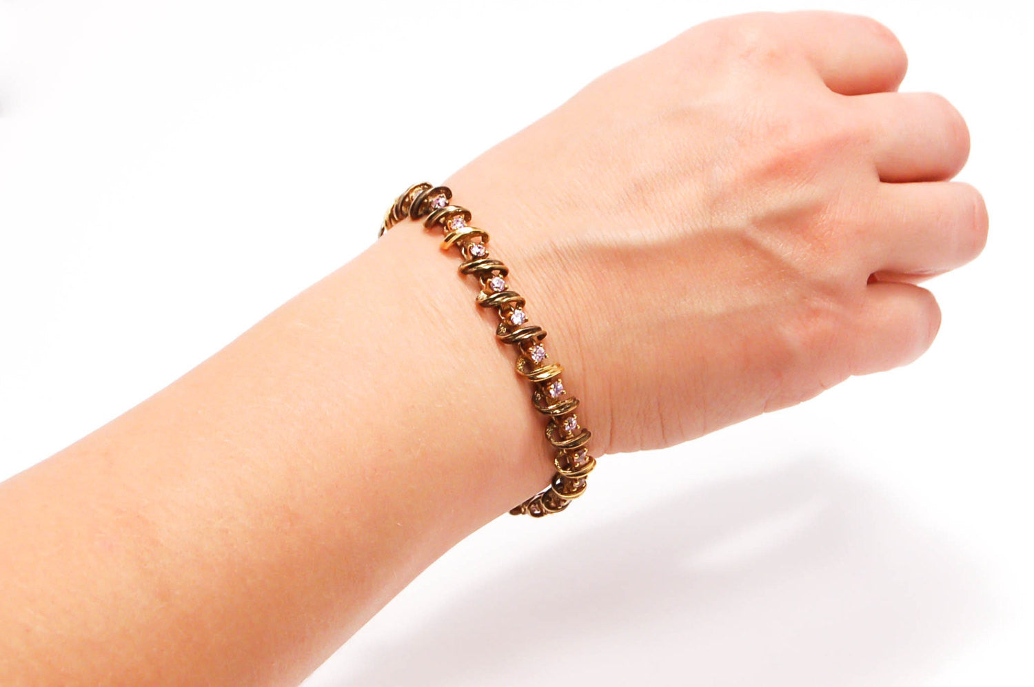 Pink Topaz Line Style Tennis Bracelet Gold over Sterling Silver by Sterling Silver and Gold - Vintage Meet Modern Vintage Jewelry - Chicago, Illinois - #oldhollywoodglamour #vintagemeetmodern #designervintage #jewelrybox #antiquejewelry #vintagejewelry