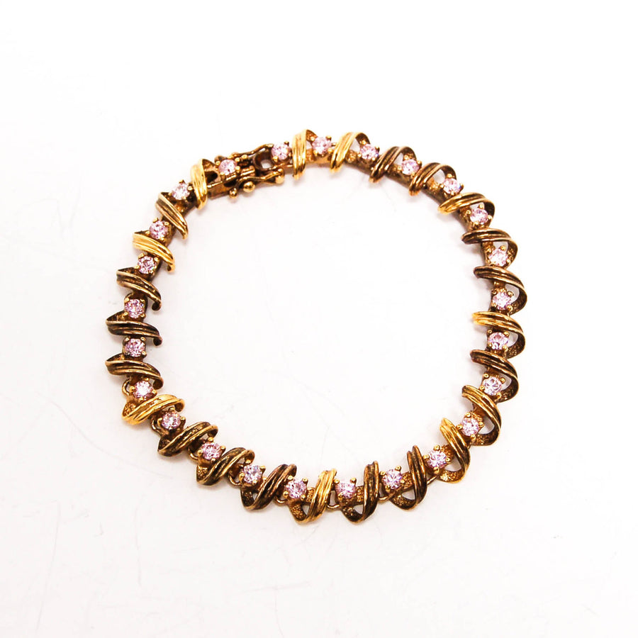 Pink Topaz Line Style Tennis Bracelet Gold over Sterling Silver by Sterling Silver and Gold - Vintage Meet Modern Vintage Jewelry - Chicago, Illinois - #oldhollywoodglamour #vintagemeetmodern #designervintage #jewelrybox #antiquejewelry #vintagejewelry