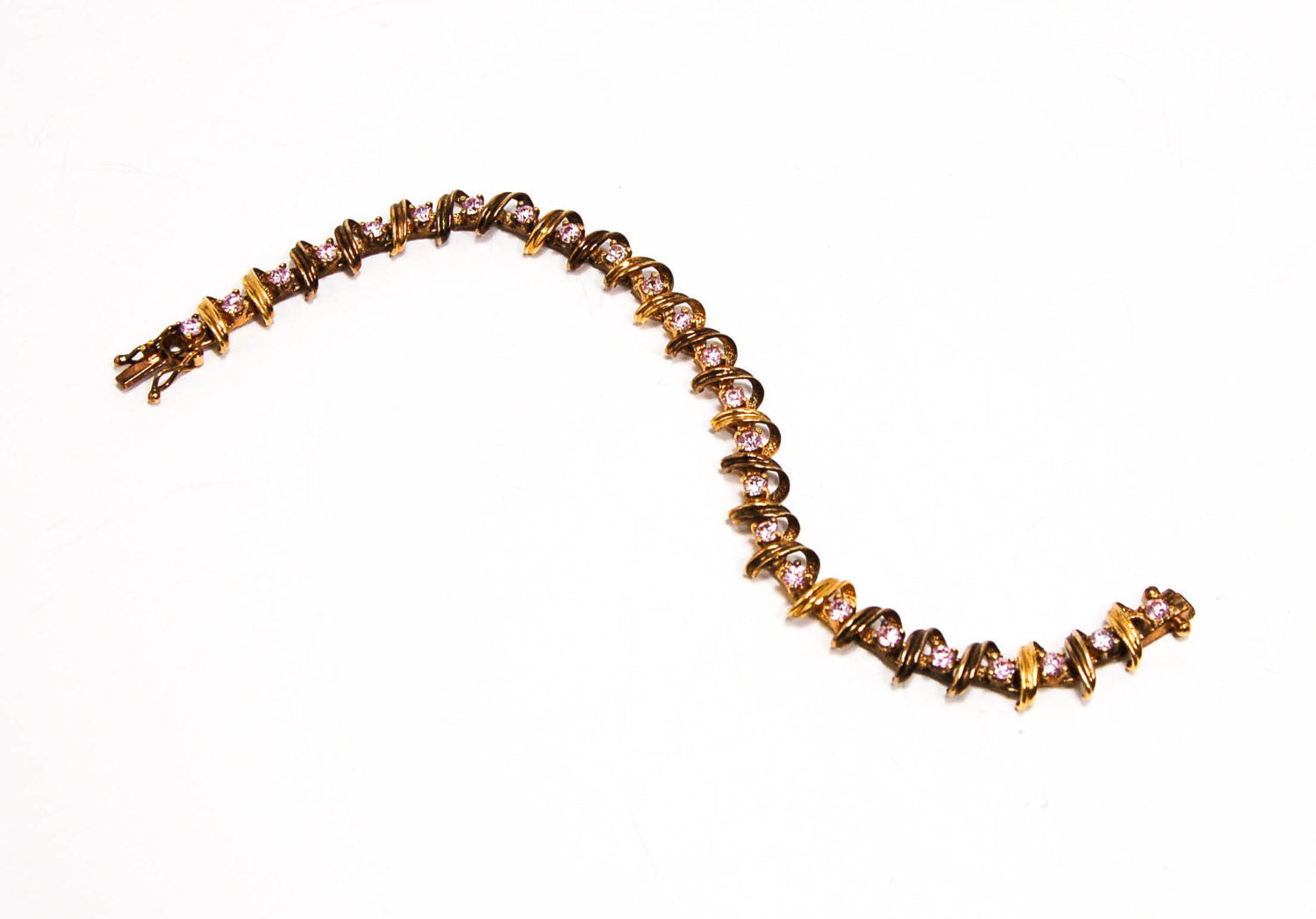 Pink Topaz Line Style Tennis Bracelet Gold over Sterling Silver by Sterling Silver and Gold - Vintage Meet Modern Vintage Jewelry - Chicago, Illinois - #oldhollywoodglamour #vintagemeetmodern #designervintage #jewelrybox #antiquejewelry #vintagejewelry