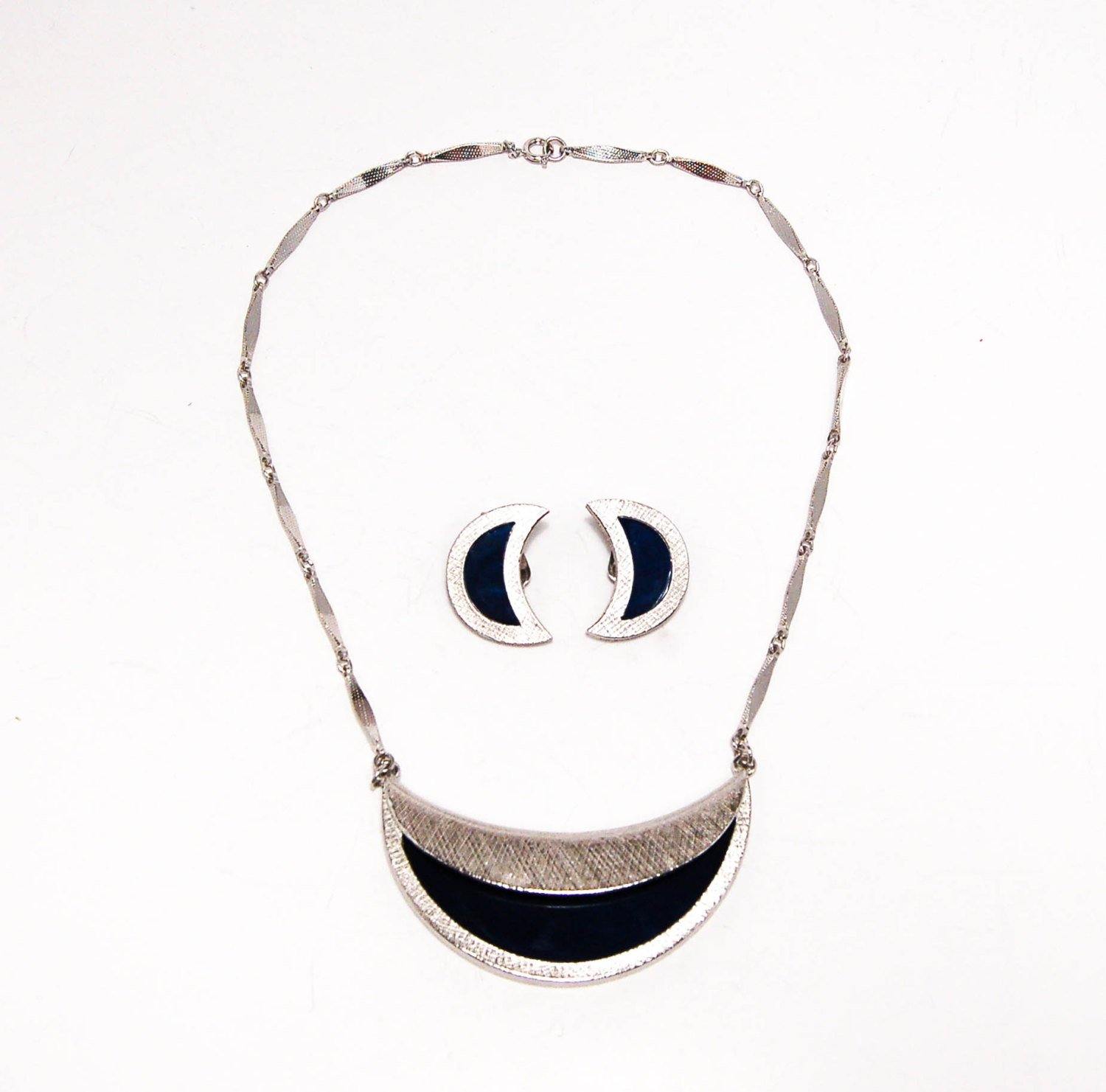 Vintage Bergere Modernist Necklace Earring Set Demi Parure Silver Tone Crescent Moon Shape Dark Blue Lucite by Bergere - Vintage Meet Modern Vintage Jewelry - Chicago, Illinois - #oldhollywoodglamour #vintagemeetmodern #designervintage #jewelrybox #antiquejewelry #vintagejewelry
