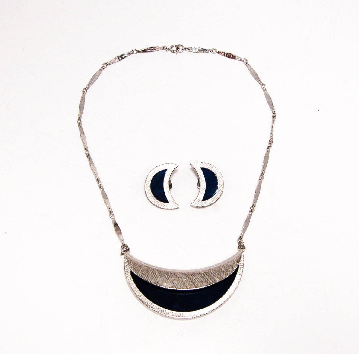 Vintage Bergere Modernist Necklace Earring Set Demi Parure Silver Tone Crescent Moon Shape Dark Blue Lucite