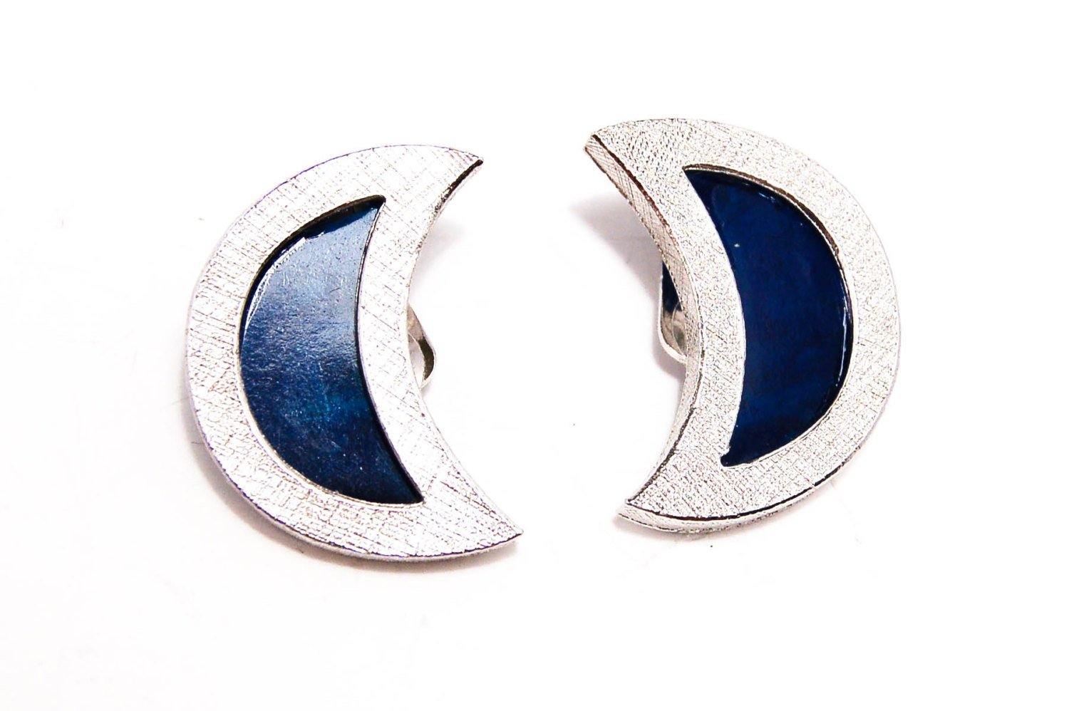 Vintage Bergere Modernist Necklace Earring Set Demi Parure Silver Tone Crescent Moon Shape Dark Blue Lucite by Bergere - Vintage Meet Modern Vintage Jewelry - Chicago, Illinois - #oldhollywoodglamour #vintagemeetmodern #designervintage #jewelrybox #antiquejewelry #vintagejewelry