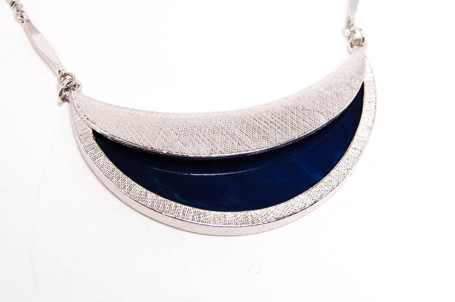 Vintage Bergere Modernist Necklace Earring Set Demi Parure Silver Tone Crescent Moon Shape Dark Blue Lucite by Bergere - Vintage Meet Modern Vintage Jewelry - Chicago, Illinois - #oldhollywoodglamour #vintagemeetmodern #designervintage #jewelrybox #antiquejewelry #vintagejewelry