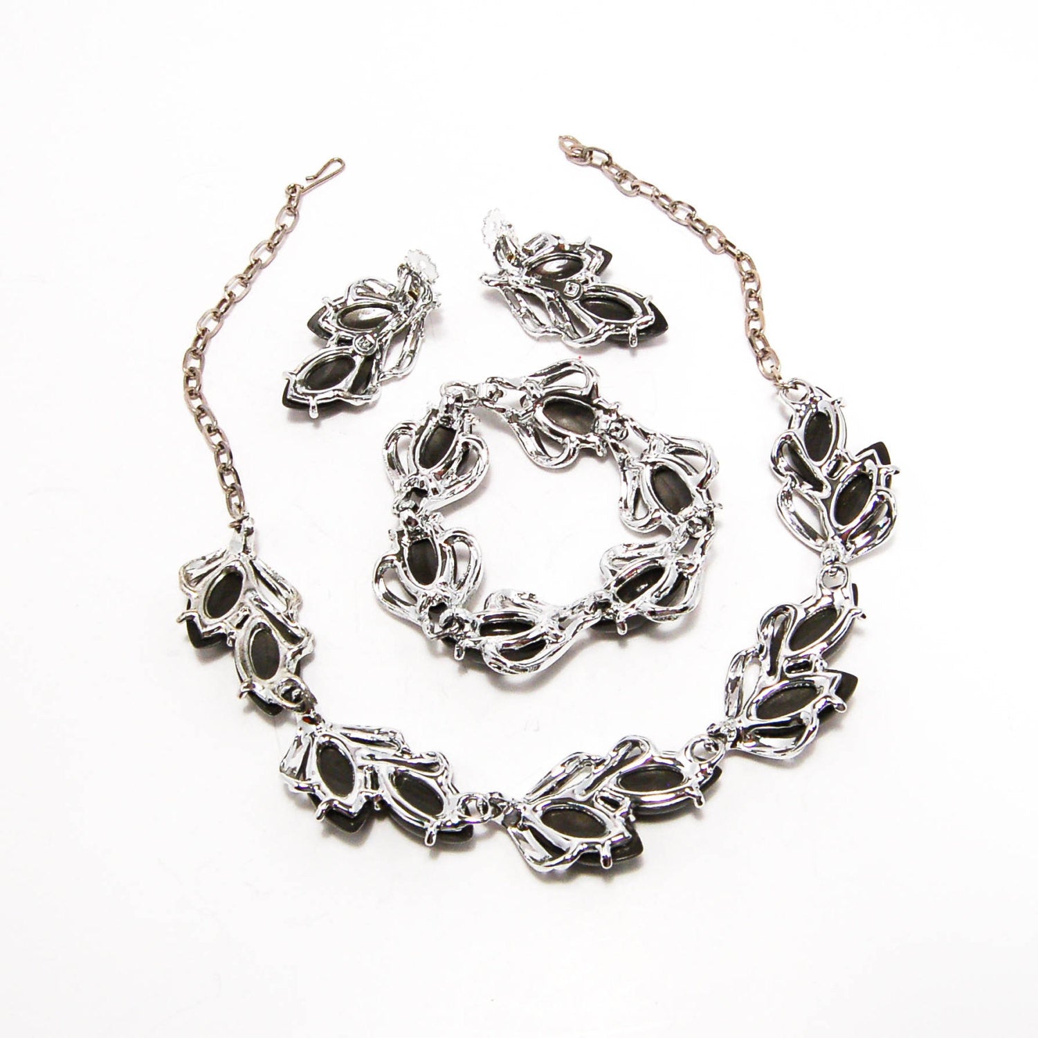 1960's Thermoset Silver and Grey Necklace Earrings and Bracelet Set by 1960s Vintage - Vintage Meet Modern Vintage Jewelry - Chicago, Illinois - #oldhollywoodglamour #vintagemeetmodern #designervintage #jewelrybox #antiquejewelry #vintagejewelry