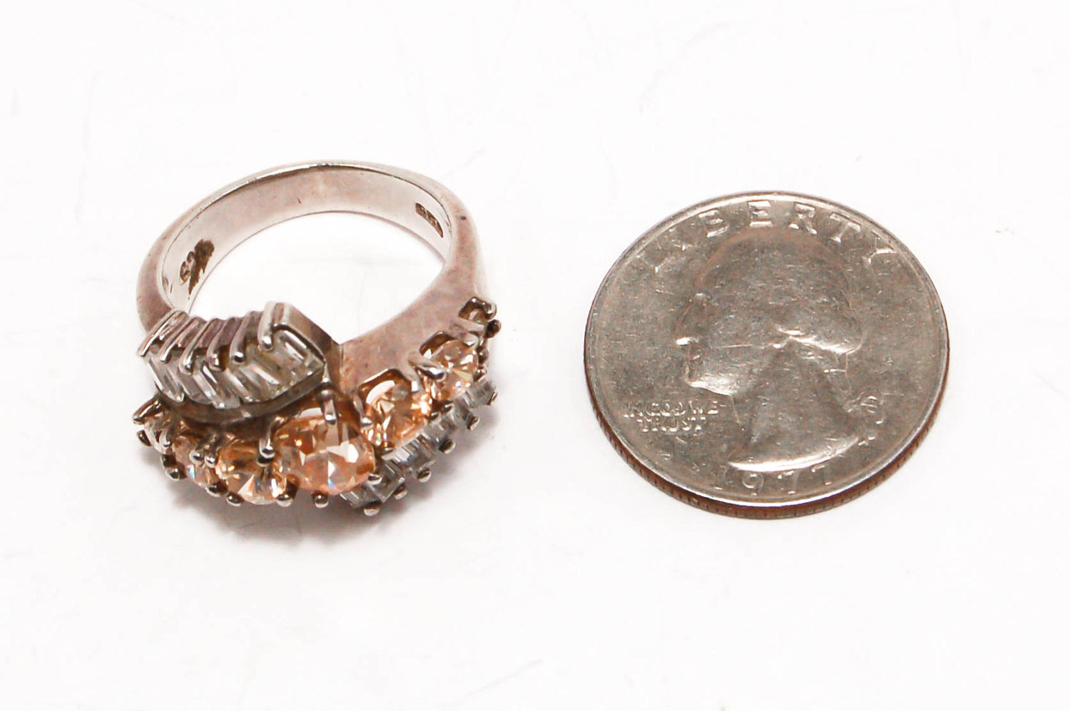 Vintage Peach Morganite and Diamonite Cubic Zirconia Statement Ring Bypass Style Set in Sterling Silver by 1980s - Vintage Meet Modern Vintage Jewelry - Chicago, Illinois - #oldhollywoodglamour #vintagemeetmodern #designervintage #jewelrybox #antiquejewelry #vintagejewelry