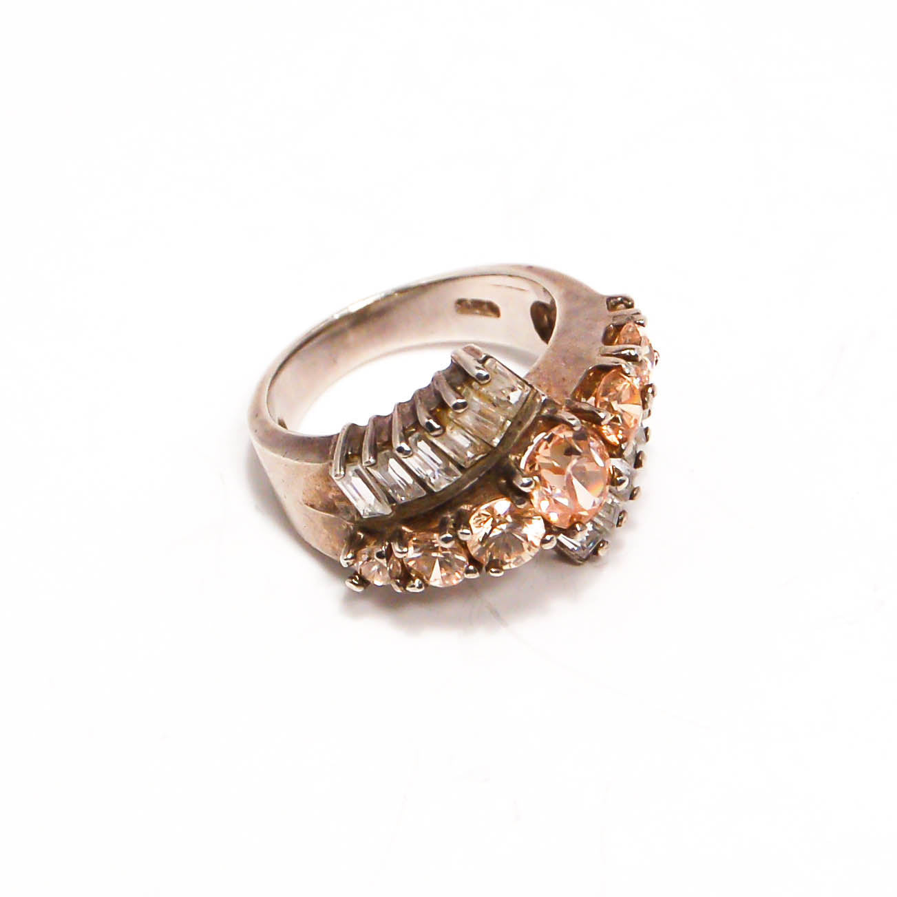 Vintage Peach Morganite and Diamonite Cubic Zirconia Statement Ring Bypass Style Set in Sterling Silver by 1980s - Vintage Meet Modern Vintage Jewelry - Chicago, Illinois - #oldhollywoodglamour #vintagemeetmodern #designervintage #jewelrybox #antiquejewelry #vintagejewelry