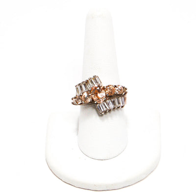 Vintage Peach Morganite and Diamonite Cubic Zirconia Statement Ring Bypass Style Set in Sterling Silver by 1980s - Vintage Meet Modern Vintage Jewelry - Chicago, Illinois - #oldhollywoodglamour #vintagemeetmodern #designervintage #jewelrybox #antiquejewelry #vintagejewelry