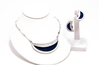 Vintage Bergere Modernist Necklace Earring Set Demi Parure Silver Tone Crescent Moon Shape Dark Blue Lucite by Bergere - Vintage Meet Modern Vintage Jewelry - Chicago, Illinois - #oldhollywoodglamour #vintagemeetmodern #designervintage #jewelrybox #antiquejewelry #vintagejewelry