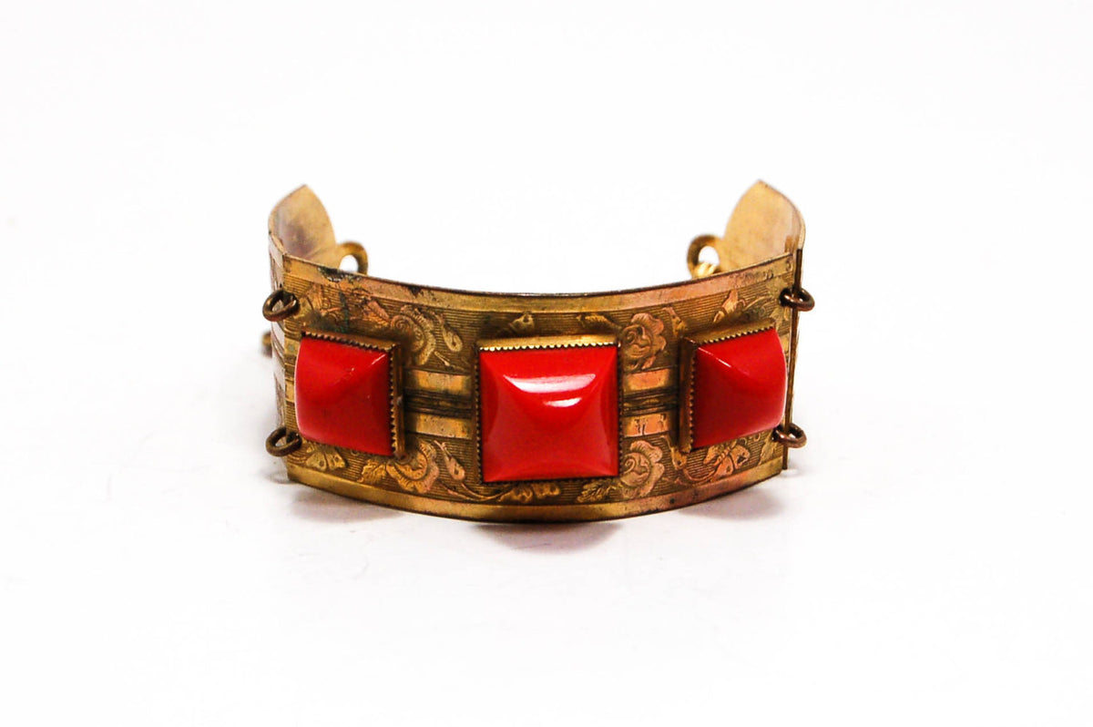 Art Nouveau Red Art Glass Gilt Embossed Panel Bracelet