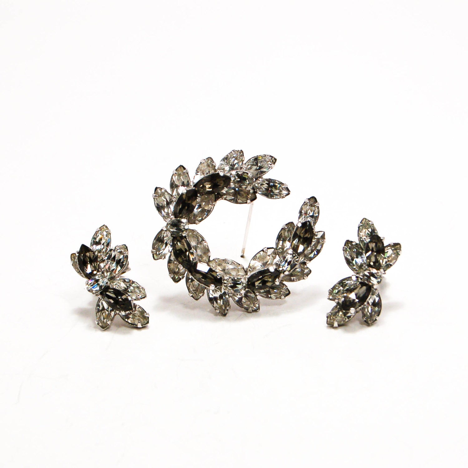 1950's Brooch and Earrings Set with Black Rhinestones by Sherman by Sherman - Vintage Meet Modern Vintage Jewelry - Chicago, Illinois - #oldhollywoodglamour #vintagemeetmodern #designervintage #jewelrybox #antiquejewelry #vintagejewelry
