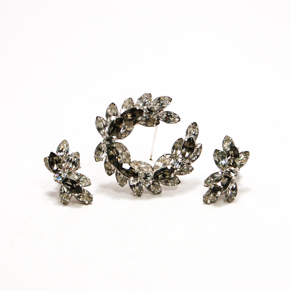 1950's Brooch and Earrings Set with Black Rhinestones by Sherman