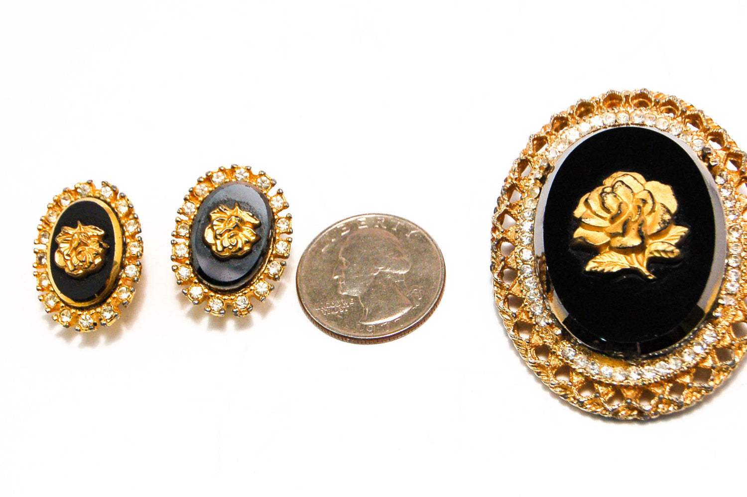 1950's Rose Cameo Pendant Brooch and Earrings Set by Celebrity by Celebrity New York - Vintage Meet Modern Vintage Jewelry - Chicago, Illinois - #oldhollywoodglamour #vintagemeetmodern #designervintage #jewelrybox #antiquejewelry #vintagejewelry