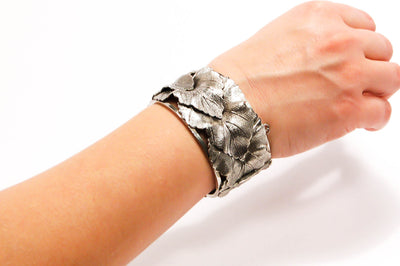 Art Nouveau Silver Leaf cuff bracelet by Whiting and Davis, Wide Bold Style by Whiting and Davis - Vintage Meet Modern Vintage Jewelry - Chicago, Illinois - #oldhollywoodglamour #vintagemeetmodern #designervintage #jewelrybox #antiquejewelry #vintagejewelry