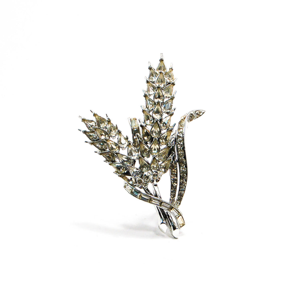 1950's Silver Tone Rhinestone Wheat Brooch
