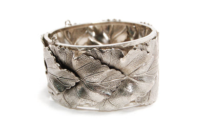 Art Nouveau Silver Leaf cuff bracelet by Whiting and Davis, Wide Bold Style by Whiting and Davis - Vintage Meet Modern Vintage Jewelry - Chicago, Illinois - #oldhollywoodglamour #vintagemeetmodern #designervintage #jewelrybox #antiquejewelry #vintagejewelry