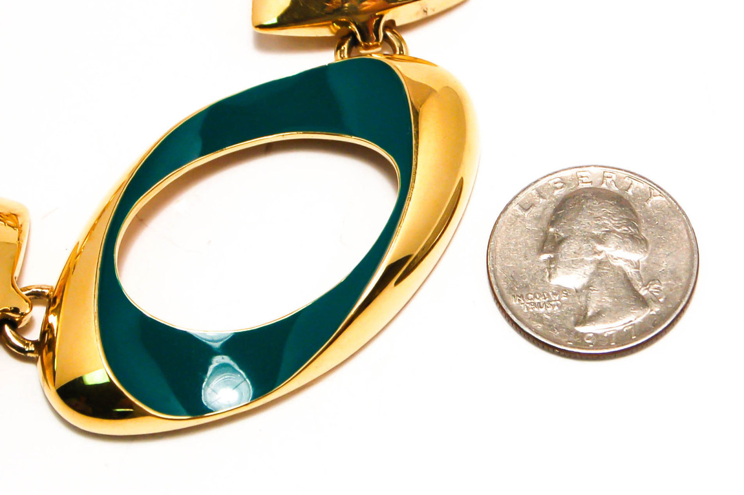 Vintage Monet Gold Chunky Chain Necklace with Green Enamel Accent by Monet - Vintage Meet Modern Vintage Jewelry - Chicago, Illinois - #oldhollywoodglamour #vintagemeetmodern #designervintage #jewelrybox #antiquejewelry #vintagejewelry