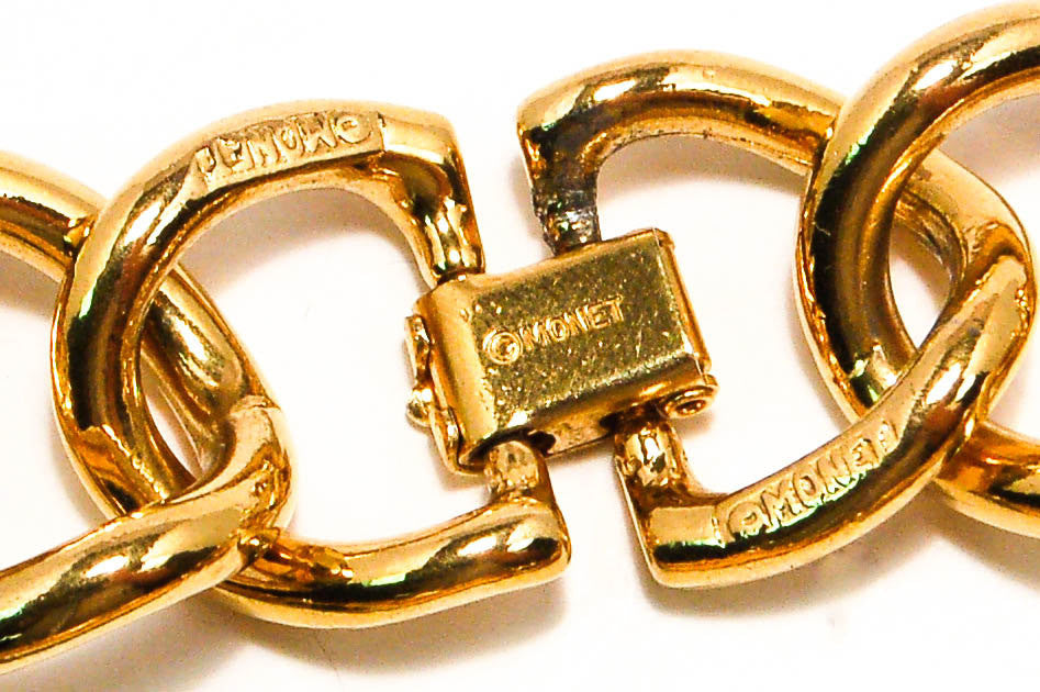 Vintage Monet Gold Chunky Chain Necklace with Green Enamel Accent by Monet - Vintage Meet Modern Vintage Jewelry - Chicago, Illinois - #oldhollywoodglamour #vintagemeetmodern #designervintage #jewelrybox #antiquejewelry #vintagejewelry