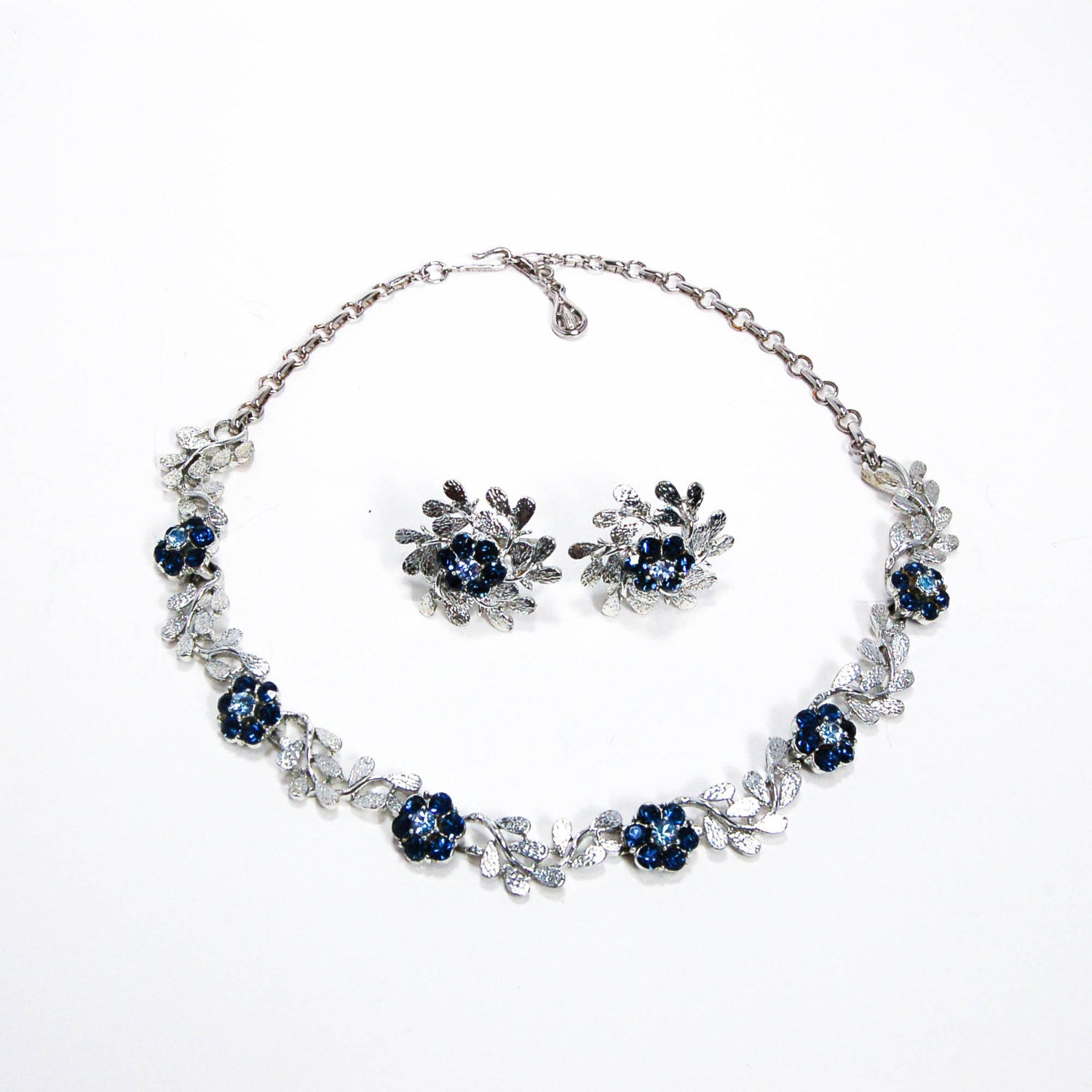 Floral Blue Rhinestone Necklace and Earrings Set by Coro by Coro - Vintage Meet Modern Vintage Jewelry - Chicago, Illinois - #oldhollywoodglamour #vintagemeetmodern #designervintage #jewelrybox #antiquejewelry #vintagejewelry