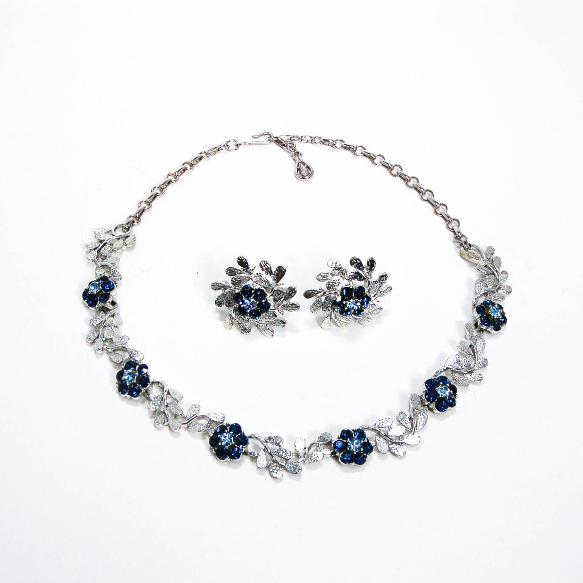 Floral Blue Rhinestone Necklace and Earrings Set by Coro