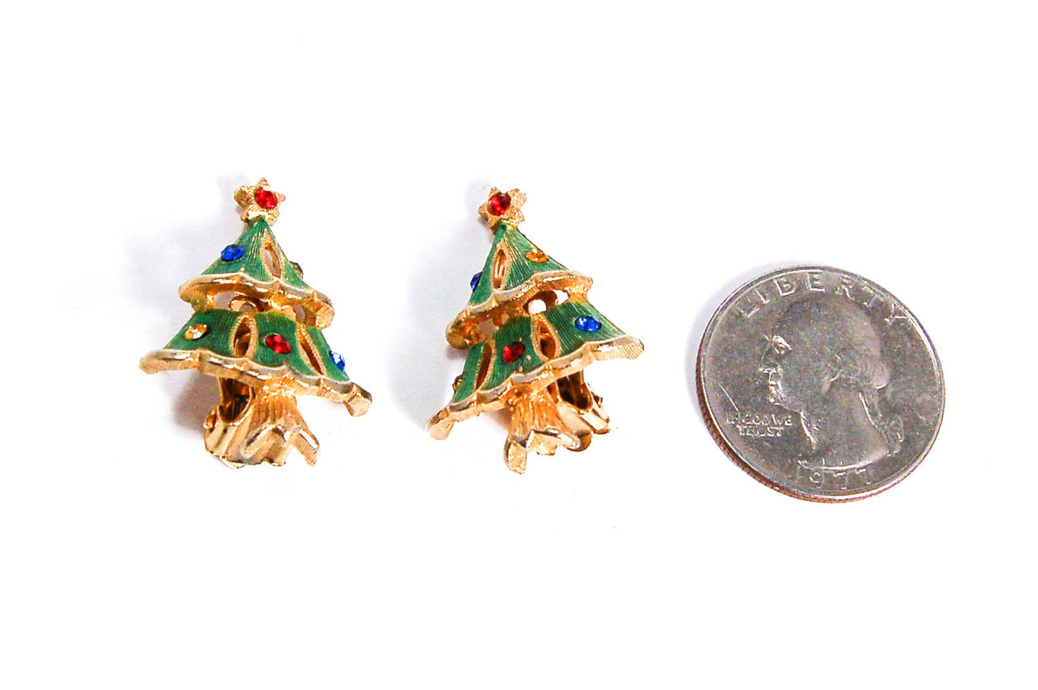 Rhinestone Christmas Tree Clip Earrings by 1980s - Vintage Meet Modern Vintage Jewelry - Chicago, Illinois - #oldhollywoodglamour #vintagemeetmodern #designervintage #jewelrybox #antiquejewelry #vintagejewelry