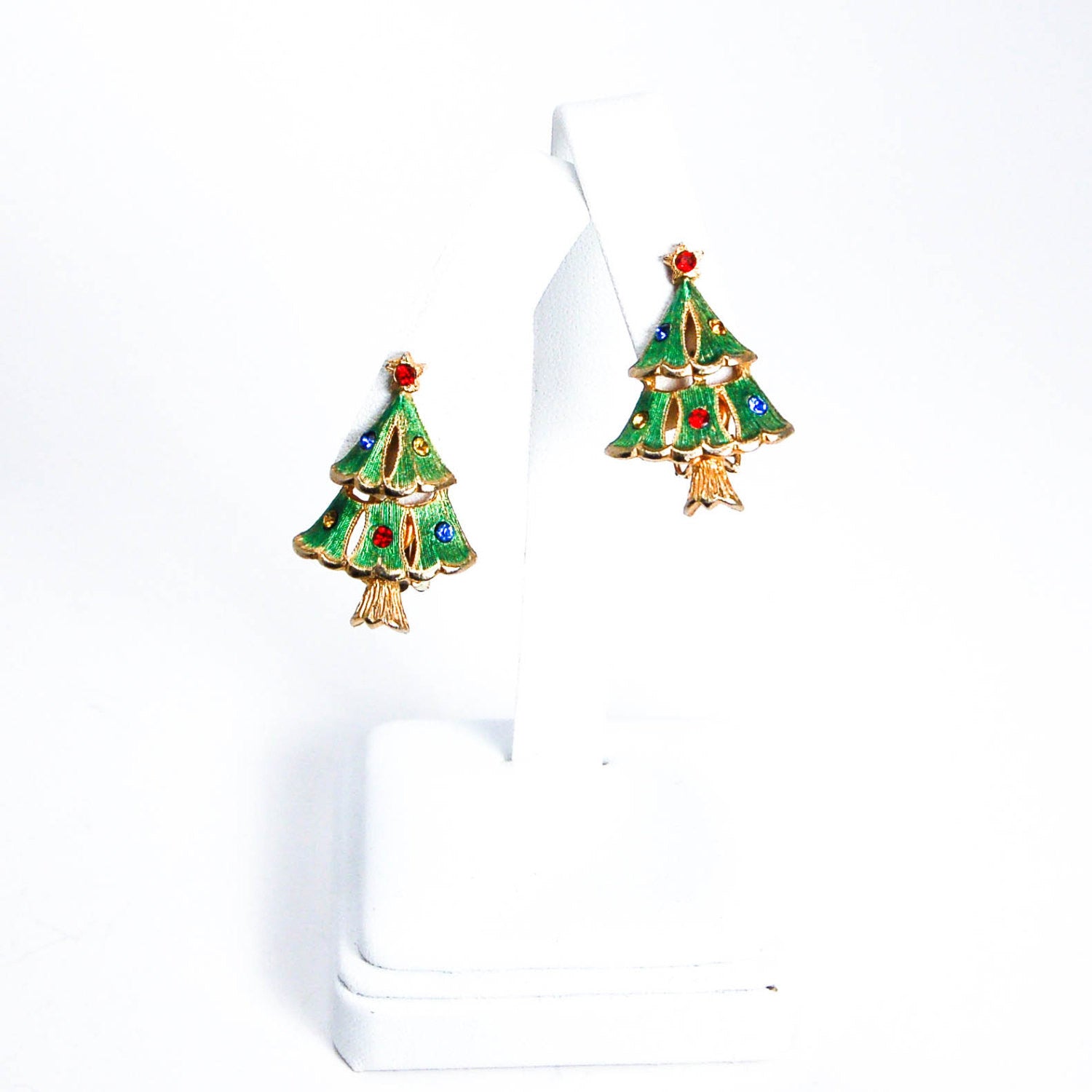 Rhinestone Christmas Tree Clip Earrings by 1980s - Vintage Meet Modern Vintage Jewelry - Chicago, Illinois - #oldhollywoodglamour #vintagemeetmodern #designervintage #jewelrybox #antiquejewelry #vintagejewelry