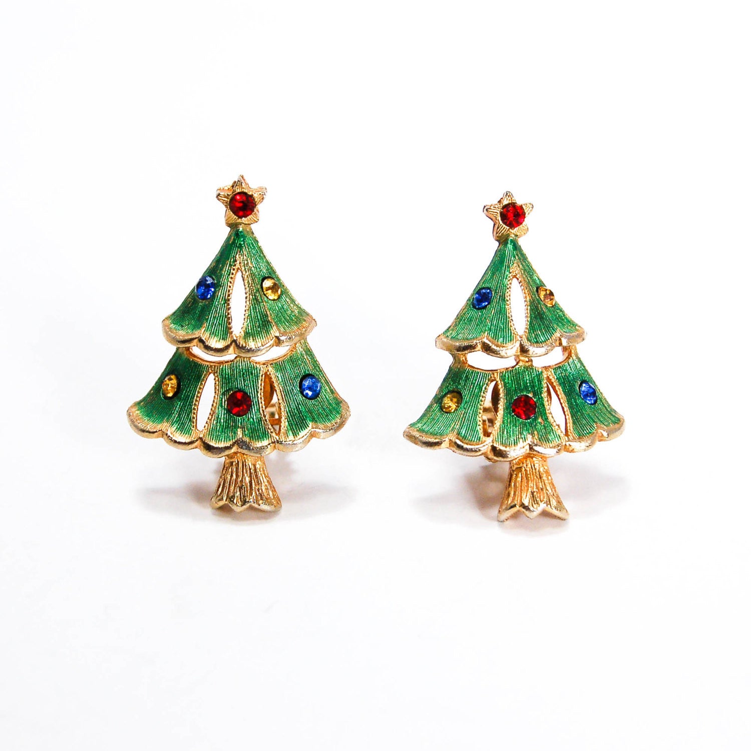 Rhinestone Christmas Tree Clip Earrings by 1980s - Vintage Meet Modern Vintage Jewelry - Chicago, Illinois - #oldhollywoodglamour #vintagemeetmodern #designervintage #jewelrybox #antiquejewelry #vintagejewelry