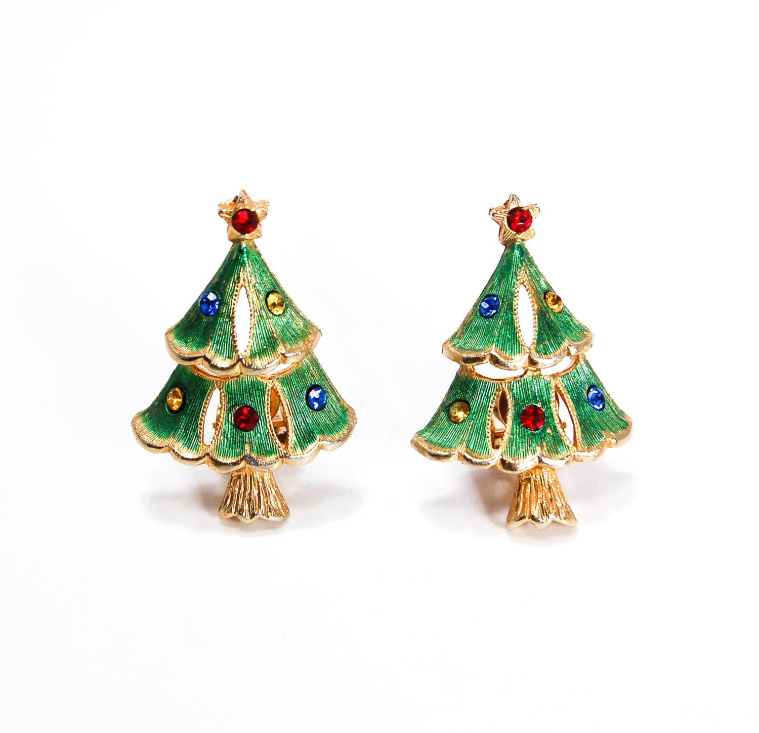 Rhinestone Christmas Tree Clip Earrings by 1980s - Vintage Meet Modern Vintage Jewelry - Chicago, Illinois - #oldhollywoodglamour #vintagemeetmodern #designervintage #jewelrybox #antiquejewelry #vintagejewelry