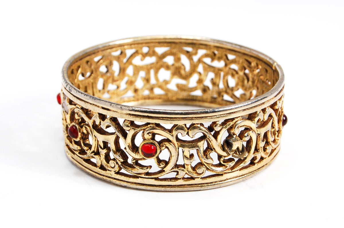 1970's Cut Work Bangle with Red Glass Cabochons