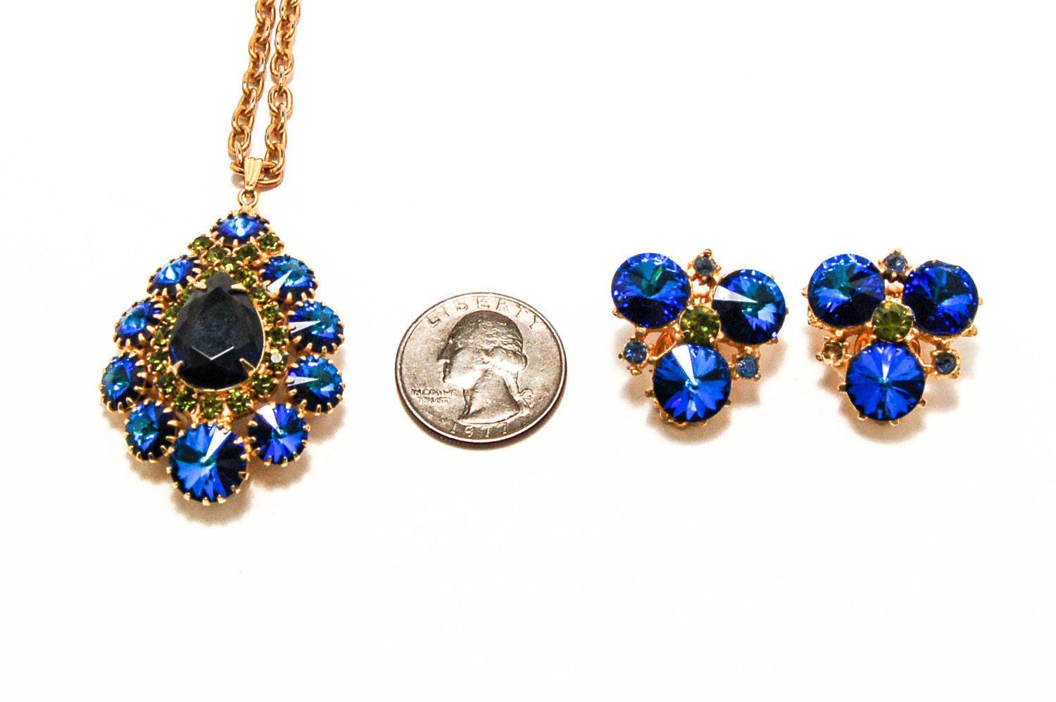 1950's Peacock Blue and Green Rhinestone Necklace and Earrings Set by 1950's - Vintage Meet Modern Vintage Jewelry - Chicago, Illinois - #oldhollywoodglamour #vintagemeetmodern #designervintage #jewelrybox #antiquejewelry #vintagejewelry