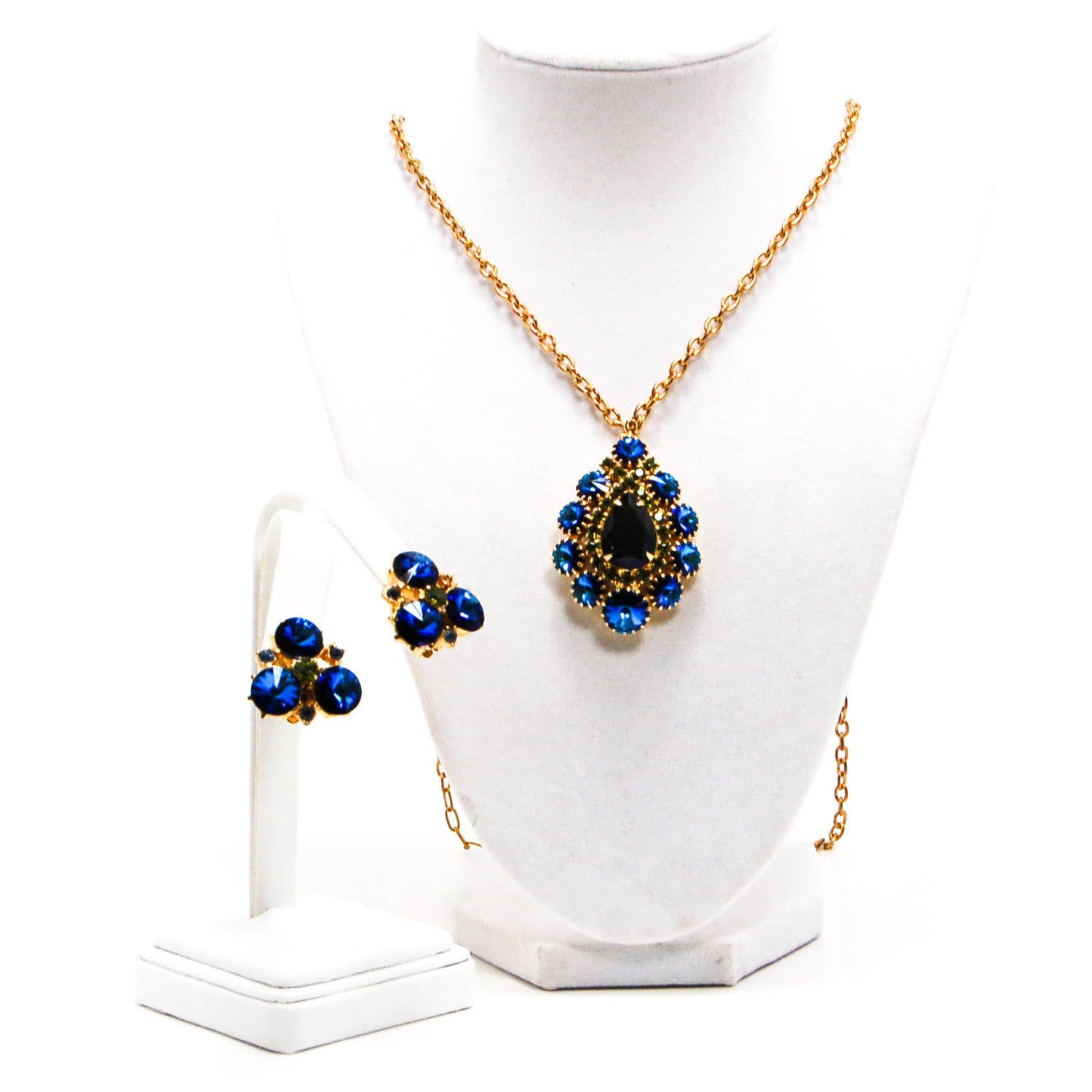 1950's Peacock Blue and Green Rhinestone Necklace and Earrings Set by 1950's - Vintage Meet Modern Vintage Jewelry - Chicago, Illinois - #oldhollywoodglamour #vintagemeetmodern #designervintage #jewelrybox #antiquejewelry #vintagejewelry