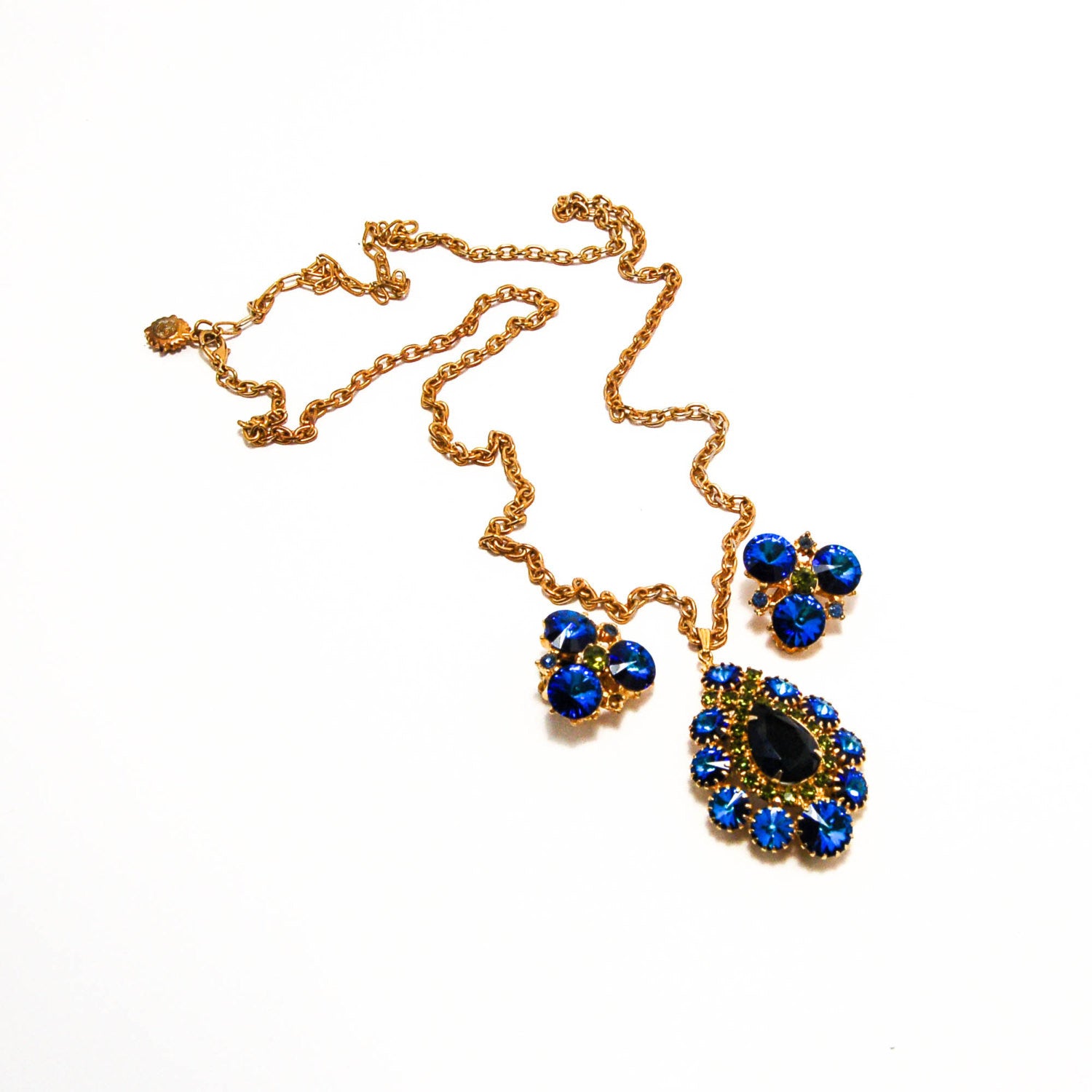 1950's Peacock Blue and Green Rhinestone Necklace and Earrings Set by 1950's - Vintage Meet Modern Vintage Jewelry - Chicago, Illinois - #oldhollywoodglamour #vintagemeetmodern #designervintage #jewelrybox #antiquejewelry #vintagejewelry