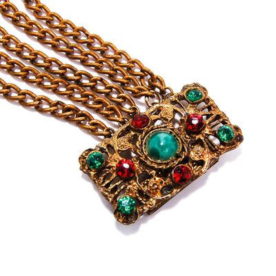 1950's Green and Red Rhinestone Gold Gilt Five Strand Chain Bracelet by 1950's - Vintage Meet Modern Vintage Jewelry - Chicago, Illinois - #oldhollywoodglamour #vintagemeetmodern #designervintage #jewelrybox #antiquejewelry #vintagejewelry