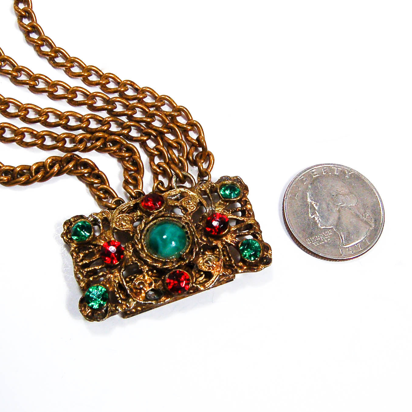1950's Green and Red Rhinestone Gold Gilt Five Strand Chain Bracelet by 1950's - Vintage Meet Modern Vintage Jewelry - Chicago, Illinois - #oldhollywoodglamour #vintagemeetmodern #designervintage #jewelrybox #antiquejewelry #vintagejewelry