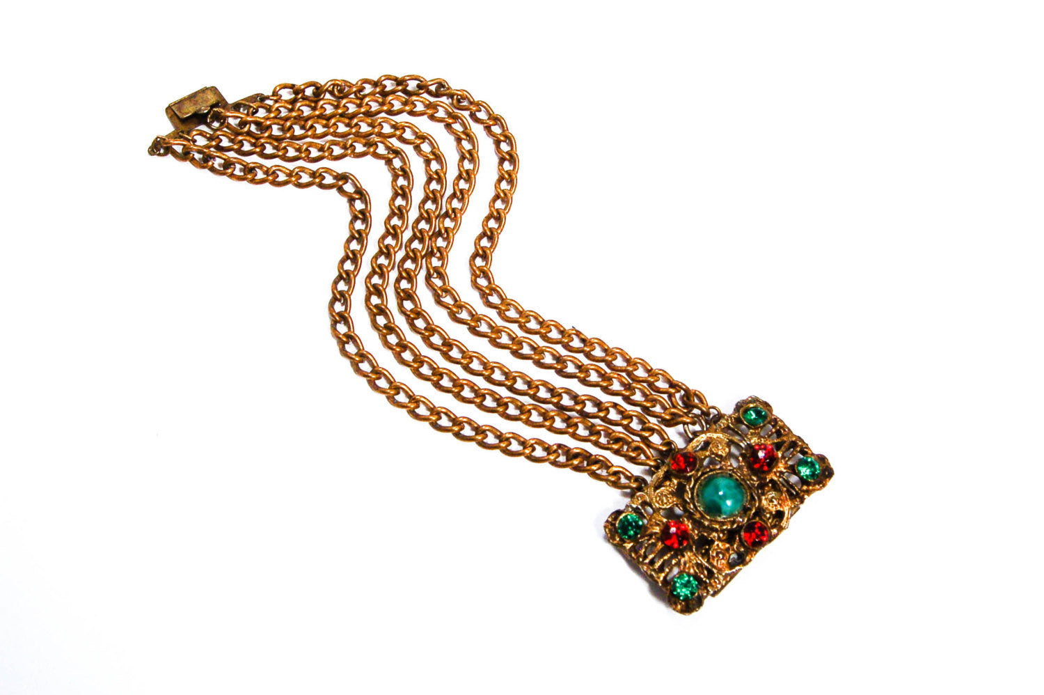 1950's Green and Red Rhinestone Gold Gilt Five Strand Chain Bracelet by 1950's - Vintage Meet Modern Vintage Jewelry - Chicago, Illinois - #oldhollywoodglamour #vintagemeetmodern #designervintage #jewelrybox #antiquejewelry #vintagejewelry
