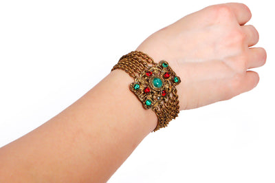 1950's Green and Red Rhinestone Gold Gilt Five Strand Chain Bracelet by 1950's - Vintage Meet Modern Vintage Jewelry - Chicago, Illinois - #oldhollywoodglamour #vintagemeetmodern #designervintage #jewelrybox #antiquejewelry #vintagejewelry