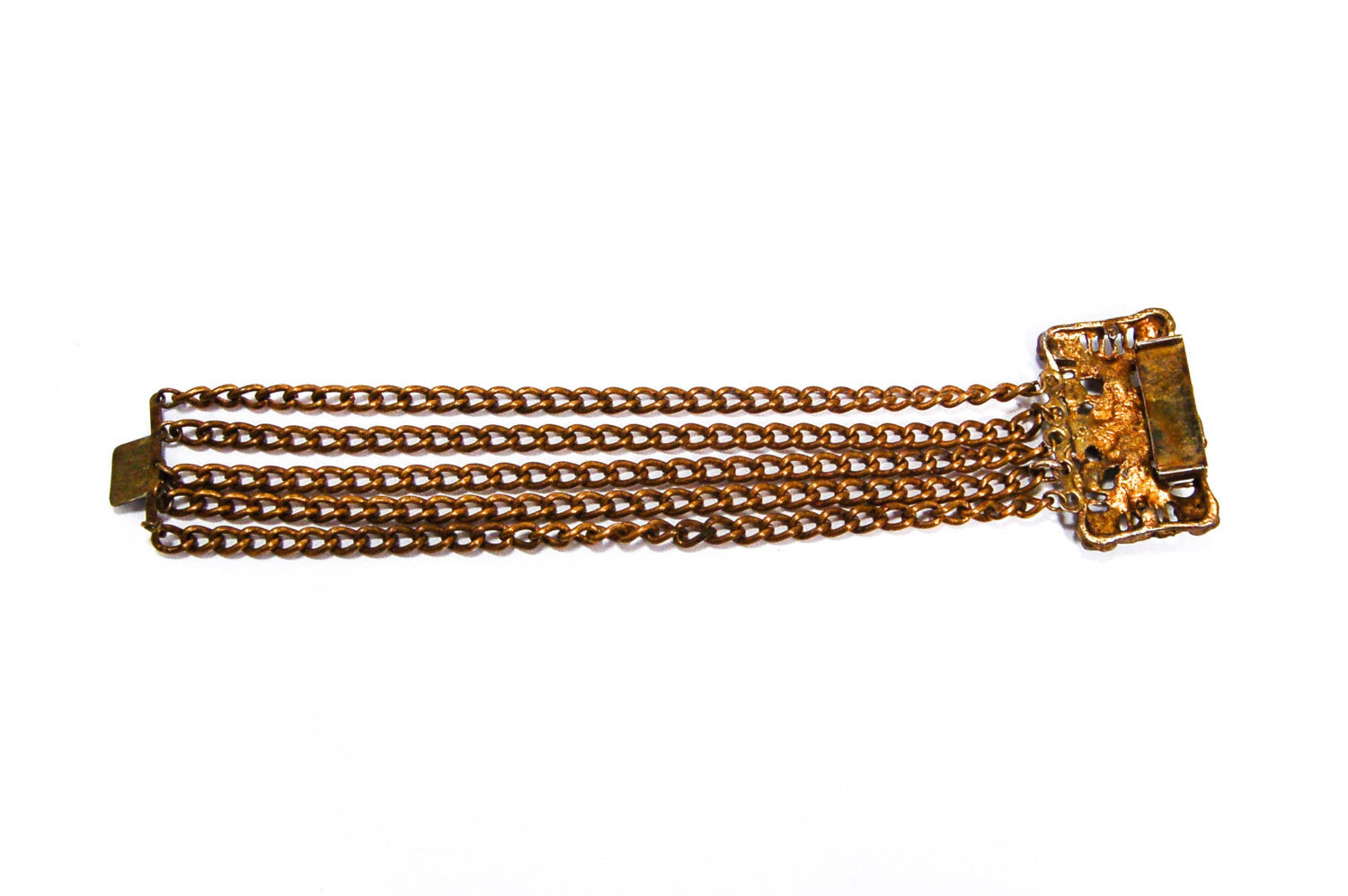 1950's Green and Red Rhinestone Gold Gilt Five Strand Chain Bracelet by 1950's - Vintage Meet Modern Vintage Jewelry - Chicago, Illinois - #oldhollywoodglamour #vintagemeetmodern #designervintage #jewelrybox #antiquejewelry #vintagejewelry